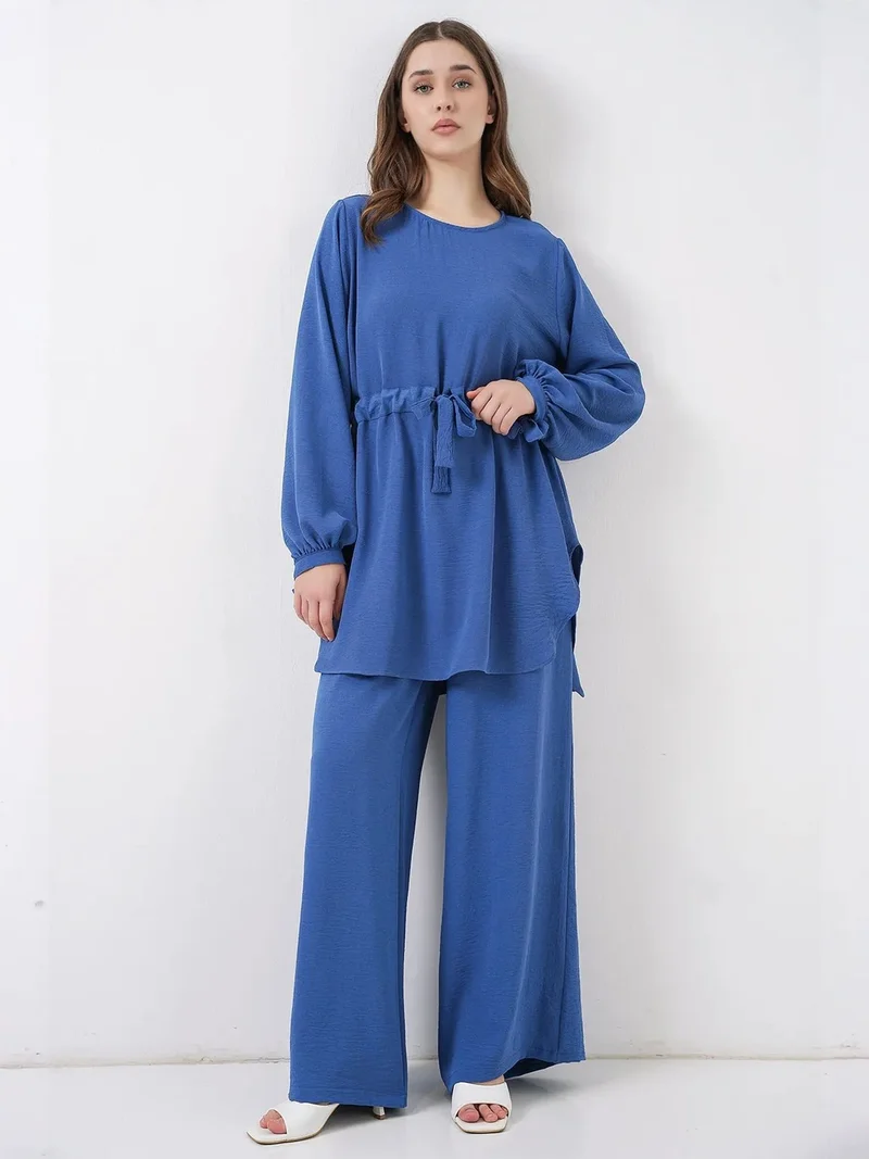 BIG DART BDART Crew Neck Tie Detail Tunic and Wide Leg Pants Set
